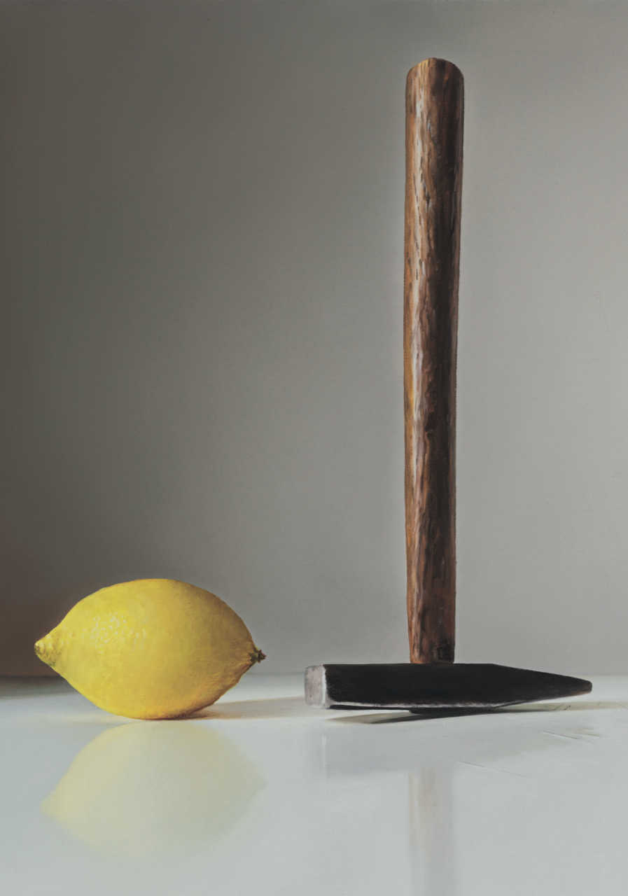 Brigitte Stenzel Abbildung: Zitrone , Hammer, Schädel (Detail), 2021, Öl auf Leinwand, 58 x 53 cm, Foto: Florian Huth